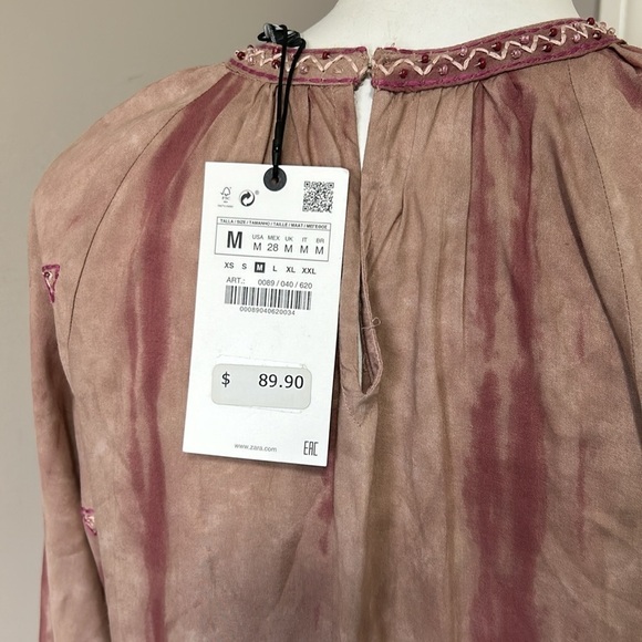 ZARA Embroidered Beaded Tie Dye Dusky Pink Boho Maxi Tiered Dress Sz M NEW - Picture 11 of 15